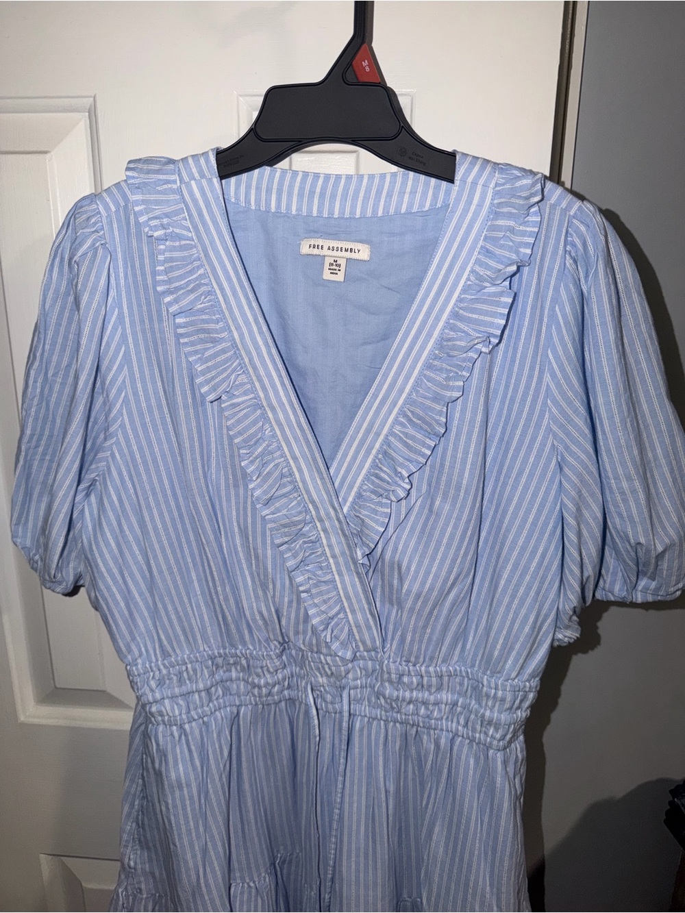 Striped Blue Ruffle V-Neck Mini Dress - Picture 2 of 3